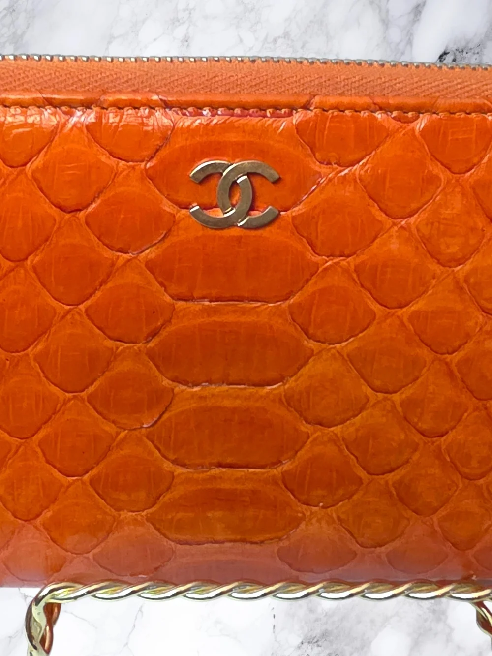 Chanel Burnt Orange Python Snakeskin Zip Around Wallet CC Logo Exotic Leather